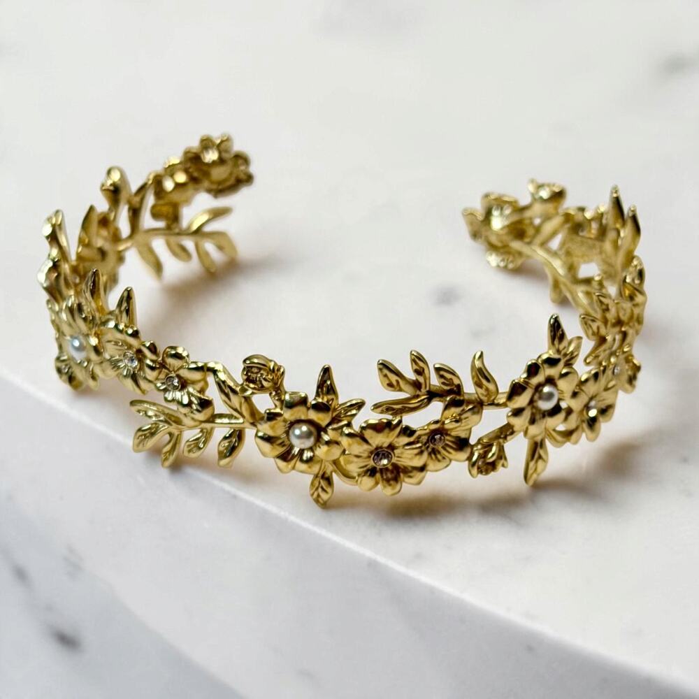 Spartina 449 Posy Party Floral Cuff Bracelet Faux Pearls Crystal 18K Gold Plated